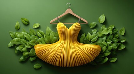 Yellow pleated dress on green background with leaves