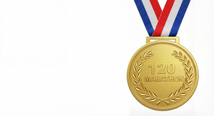 Gold marathon medal with number 120 and laurel design on colorful ribbon on white background