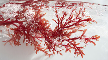 Red seaweed underwater with air bubbles floating around, creating fresh and vibrant aquatic scene