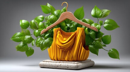 Yellow pleated top on wooden hanger with green plants