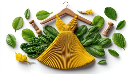 Yellow pleated dress with green leaves