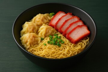 Straw-colored egg noodles served with spicy roasted pork and delicate wontons in a sleek black dish