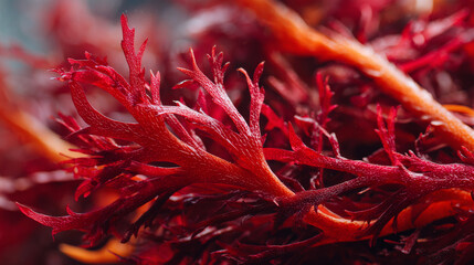Red seaweed close up with vibrant red and orange hues showing detailed texture and natural beauty underwater