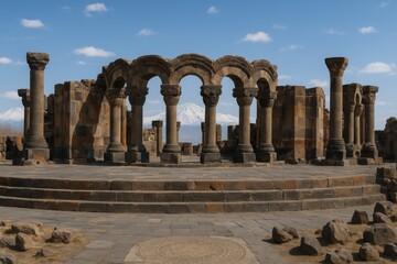 The 7th-century Zvartnots Cathedral showcased a distinctive architectural style unique to its era, and although mostly in ruins now, its circular base and columns are still well-preserved.