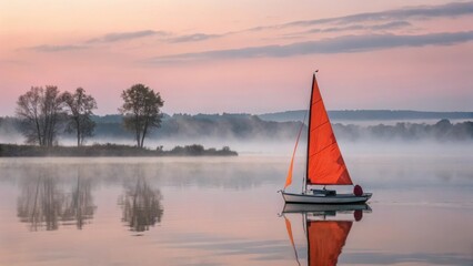 A solitary sailboat with a vibrant orange sail glides across a tranquil lake at sunrise enveloped in a soft morning mist
