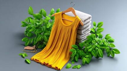 Yellow sleeveless top displayed with towels and plants