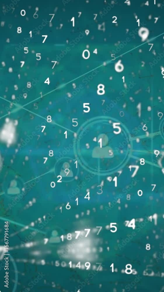 Poster animation of network of profile icons, binary coding and light spot against blue background
