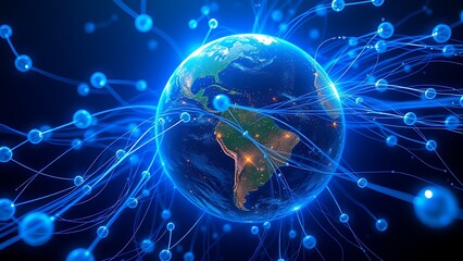 Earth's magnetic field visualized as glowing blue threads weaving through oxygen molecules.