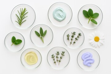 Herbal samples and skincare products displayed in Petri dishes. Natural healing, botanical remedies, beauty treatments, scientific analysis. Space for additional text.