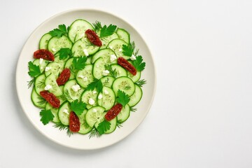 Fresh cucumber and dried tomato salad with herbs served on a light plate, top-down view with space for text, ideal for healthy eating themes.