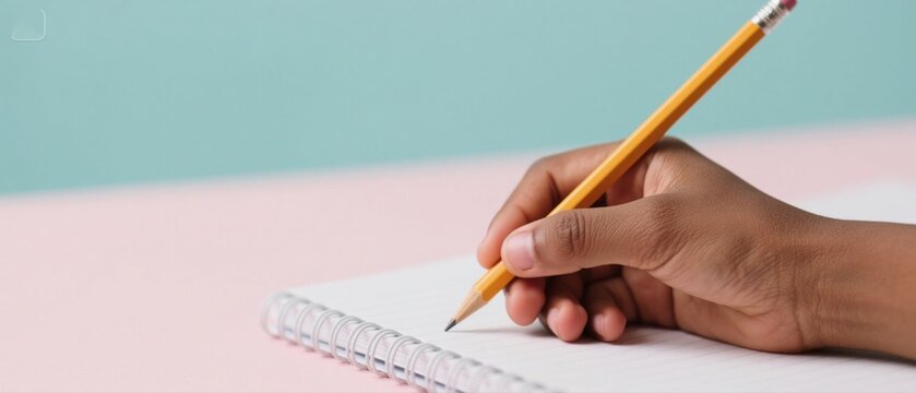 Close-up of a young person's hand writing on a notebook with a yellow pencil on a pink and blue background, capturing the act of creating content or studying .