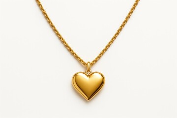 Fototapeta premium Gold necklace in heart shape on plain white backdrop