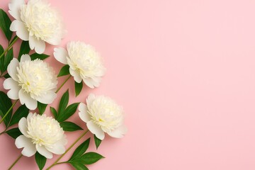 Fototapeta premium Elegant white floral banner featuring pink backdrop and space for custom text, ideal for web design and series templates