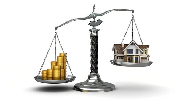 Balance between money and real estate, investment and financial decision concept