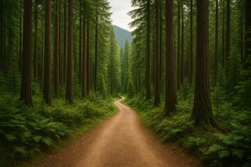 Obraz premium Trail adventure amidst towering woodland giants