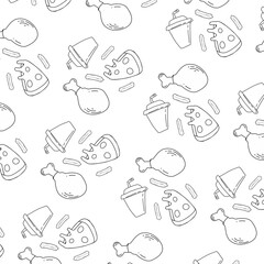 Seamless vector pattern featuring outline fast food items like fried chicken, pizza, milkshakes, and french fries, perfect for restaurant branding and food-related designs