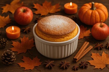 Autumn-themed homemade pumpkin dessert surrounded by fall foliage, candles, apples, pinecones, cinnamon sticks, star anise, and pumpkins
