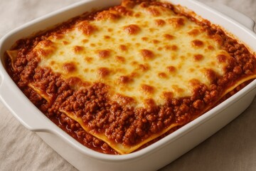 Delicious homemade lasagna with meat sauce and melted mozzarella