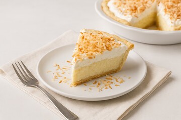 Delicious homemade coconut cream pie served on a white plate with a fork on a light cloth napkin