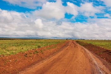 An empty dirt road road against the sky in the panoramic savannah grassland landscapes of Nairobi National Park in Kenya 