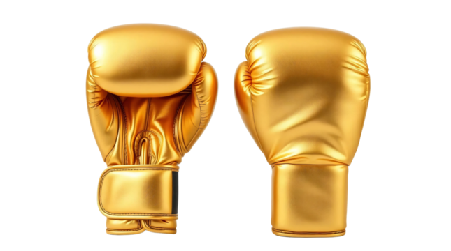Golden boxing gloves in front and back view, mockup isolated on transparent background