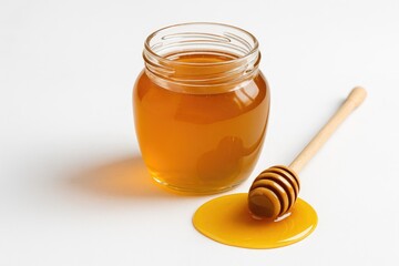 Elegant display of a honey jar with golden honey on a white background