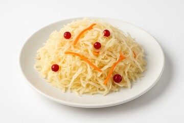 Fresh homemade sauerkraut served on a white dish, a nutritious fermented delicacy on a plain background.