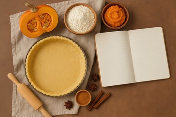 Festive sweet treat creation featuring a pie crust on a baking dish, accompanied by a towel and ingredients such as pumpkin and flour, alongside a blank notebook