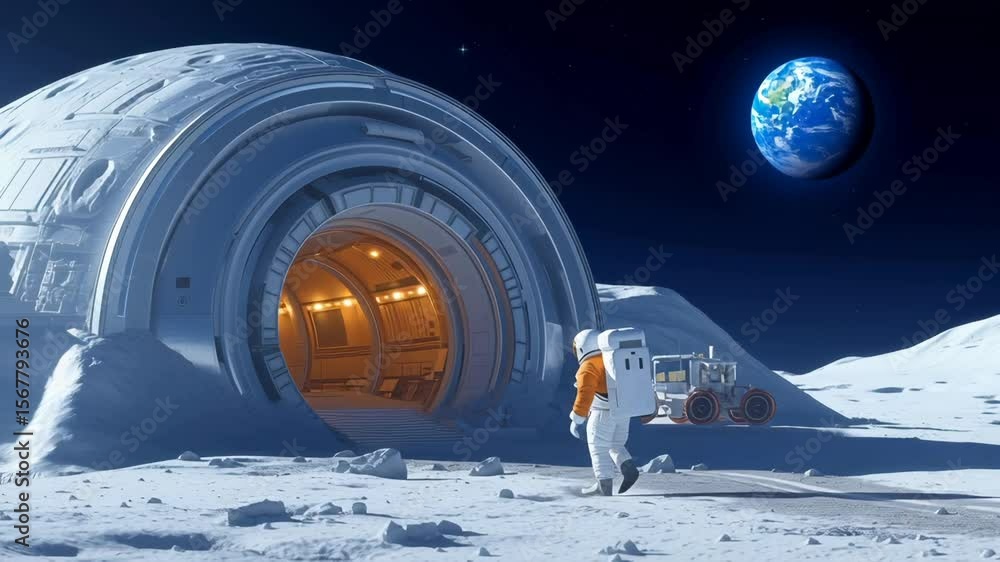 Poster astronaut in white spacesuit walking near illuminated circular habitat module on lunar surface with 