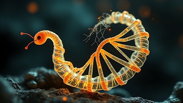 A glowing microscopic worm with unraveling DNA helix forming cosmic patterns, embodying evolutionary mysteries.