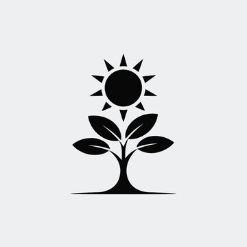Black and White Stylized Sun Shining on a Small Plant with Three Leaves Simple Minimalist Nature Icon Graphic Design Element