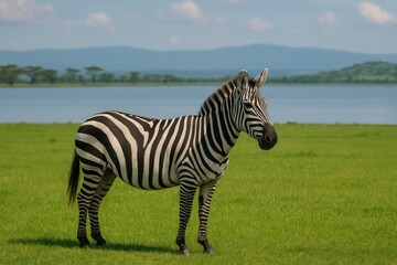 Lone zebra standing on a lush grassy field