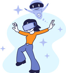 Woman Exploring Virtual Reality with AI Assistant. Futuristic Entertainment and Immersion Experience in Flat Cartoon Style.