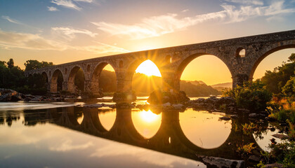 Fototapeta premium Stone bridge over river with reflection 