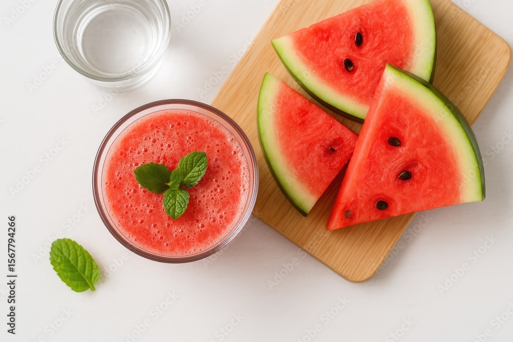 Poster refreshing watermelon juice and smoothie served in a glass from a top-down perspective on a cutting 
