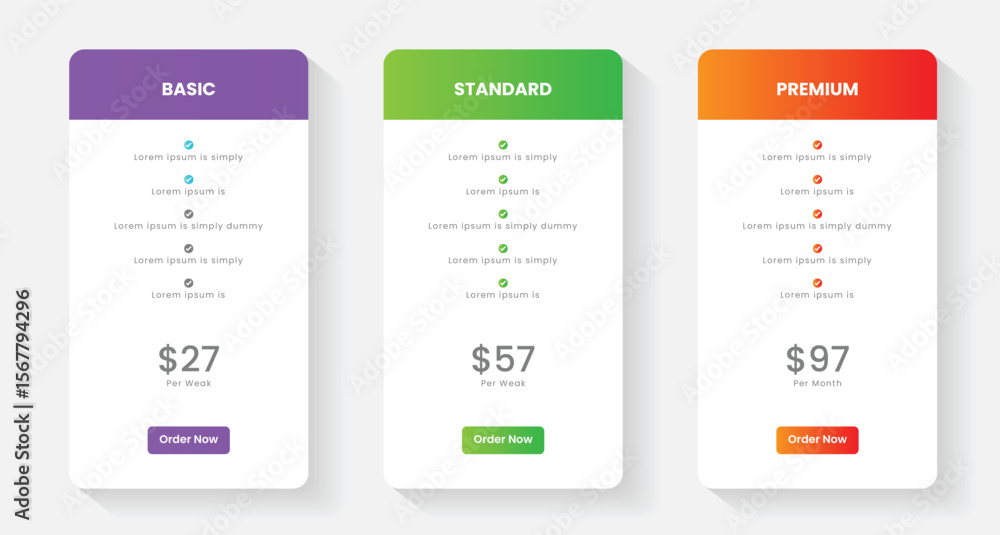 Fototapete pricing plans table, pricing chart, price list for web or app. ui ux pricing design tables with tari