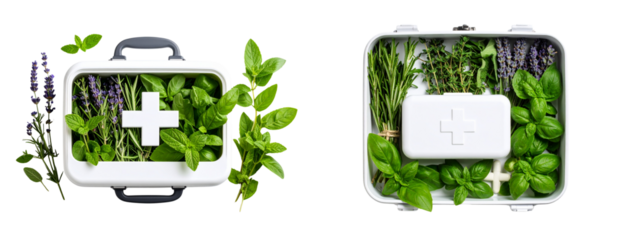  Fresh Medicinal Herbs Arranged Inside Open First Aid Kit, Isolated on White Background