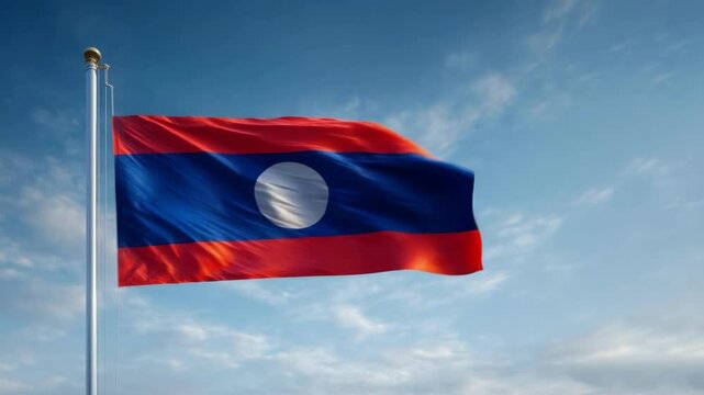 The vibrant flag of Laos flutters in the breeze, celebrating independence day against a backdrop of clear skies and soft clouds. - Powered by Adobe