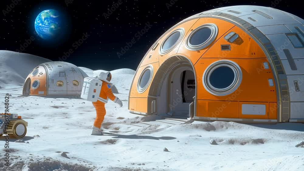 Poster astronaut in orange spacesuit walking near modular habitat structures on lunar surface with earth vi