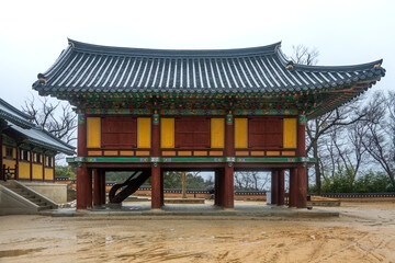 Fototapeta premium exterior of the Buddhist temple building in the rain