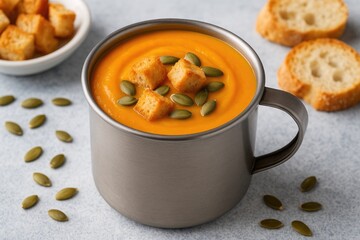 Creamy pumpkin soup served in a metal cup with croutons and seeds, close-up view