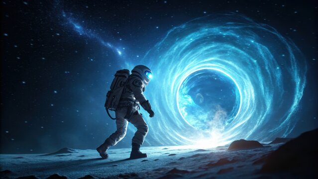 An astronaut walks towards a swirling blue cosmic phenomenon in the vastness of space under a starry sky