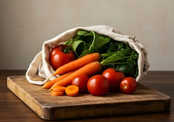 Fresh Harvest: A bountiful assortment of fresh vegetables bursts from a sustainable cloth bag, artfully arranged on a rustic wooden board, embodying the essence of a healthy lifestyle.