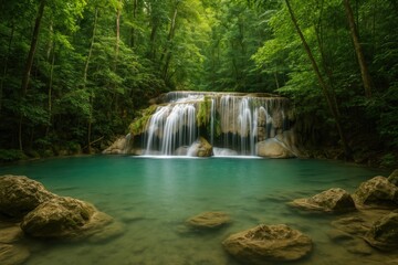 Tropical rainforest scene featuring a waterfall flowing into a vibrant blue pond amidst lush rocks