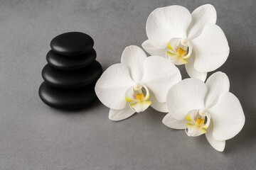 Spa stones accompanied by delicate white orchid blossoms. Dark stones set against a gray backdrop, ideal for adding text.