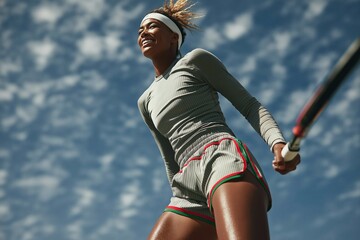 Smiling athletic young woman in striped sports outfit and headband holding a tennis racket, captured from a low angle against a bright blue sky with scattered clouds, full of energy and joy.
