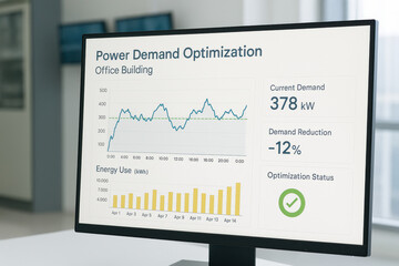 Power demand optimization business dashboard for eco friendly office building showing sustainability data and energy use trends
