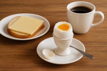 A cozy morning meal featuring a soft boiled egg, a cheese sandwich, and a cup of coffee on a rustic table.