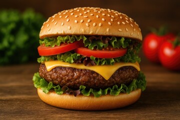 Juicy beef patty burger with cheese and fresh vegetable salad