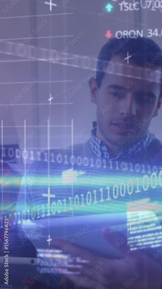 Poster animation of computer language, trading board, graphs, binary codes, diverse coworkers sharing ideas
